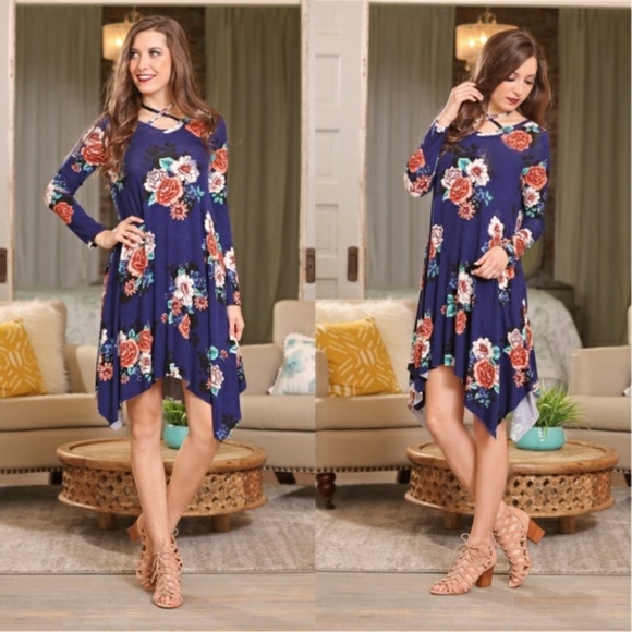 SOLD NWT BLUE FLORAL ASYMMETRICAL DRESS - Picture 3 of 5